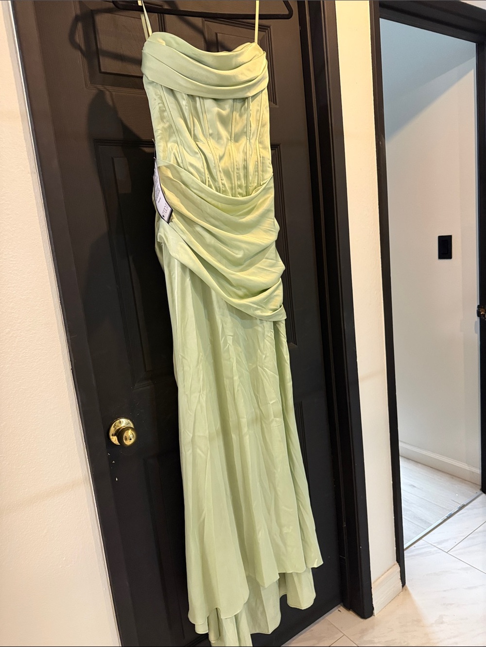 B Darlin Strapless Pale Green Draped Evening Gown